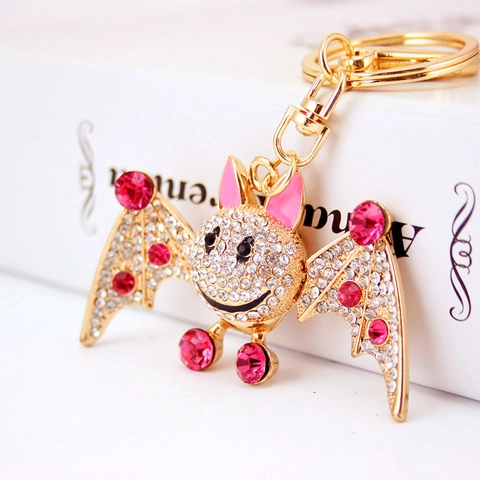 Cartoon Bat Rhinestone Keychain Zinc Alloy Gold Plated Enamel Animal Pendant Keyring For Women Bag Charm Halloween Gift