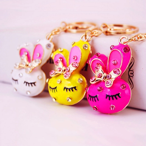 Cute Cartoon Rabbit Head Keychain Zinc Alloy Rhinestone Enameled Animal Pendant For Bag Keys Decoration Women Girls Gift