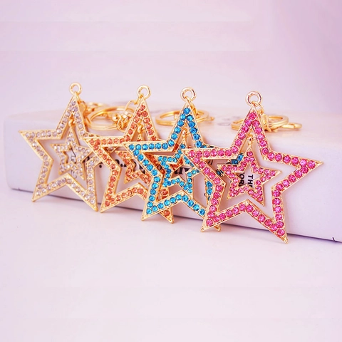 Luxury Double Layer Hollow Star Keychain Gold Plated Zinc Alloy Rhinestone Bag Charm Pendant Key Ring Accessories Women Gift