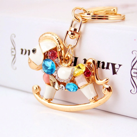 Llavero de Caballo Balancín de Lujo de Metal Dorado Con Strass y Esmalte Colgante de Bolso de Animal Para Mujeres Niñas Regalo Accesorio