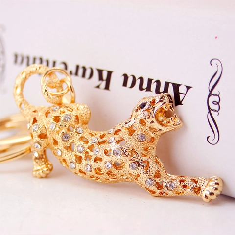 Luxe Strass Luipaard Sleutelhanger Goud Panter Dier Tas Bedeltje Voor Dames Heren Zinklegering Sieraden Accessoire Cadeau