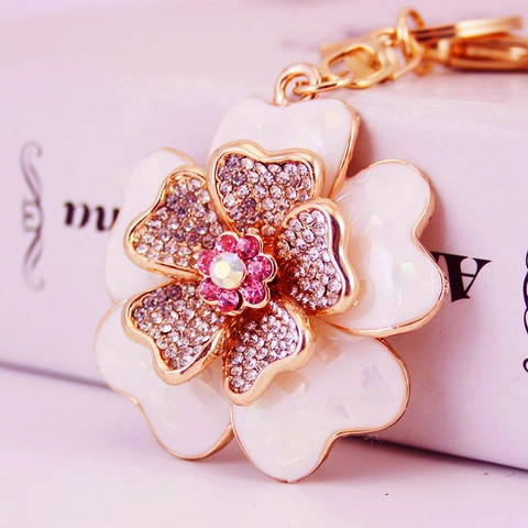 Luxus Pfingstrose Blume Schlüsselanhänger Zinklegierung Strass Emaille Tasche Anhänger Schlüsselring Für Damen Schmuck