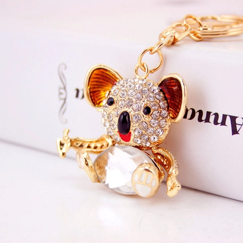 Simpatico Portachiavi Koala con Strass in Lega di Zinco Smalto Pendente Animale con Grande Cristallo Placcato Oro Gioielli per Donna