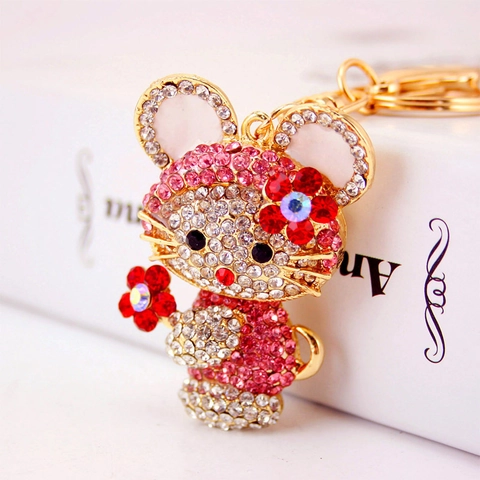 Cute Cartoon Rhinestone Flower Bunny Keychain Zinc Alloy Crystal Animal Pendant Keyring Fashion Bag Charm For Women Girls Gift