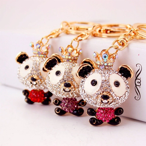 Süßer Strass Krone Panda Bär Schlüsselanhänger Für Damen Zinklegierung Tier Tasche Anhänger Funkelndes Zubehör Schmuck Geschenk