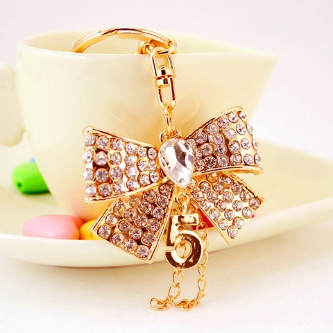 Eleganter Schleife Strass Schlüsselanhänger Mit Nummer 5 Anhänger Gold Zinklegierung Kristall Tasche Charm Für Damen Geschenk