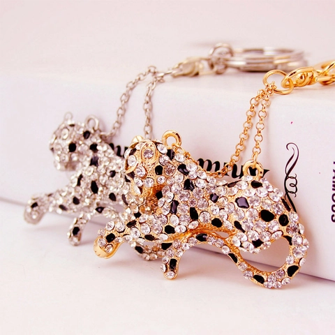 Porte-Clés Léopard de Luxe en Strass Plaqué Or Argent Alliage de Zinc Pendentif Animal Pour Accessoires de Sac Femme Auto