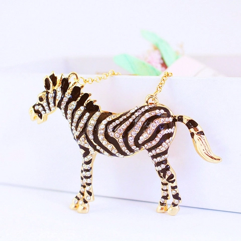 Cute Rhinestone Zebra Keychain Gold Zinc Alloy Enamel Zebra Striped Animal Bag Charm Key Ring Pendant For Women Fashion Accessory
