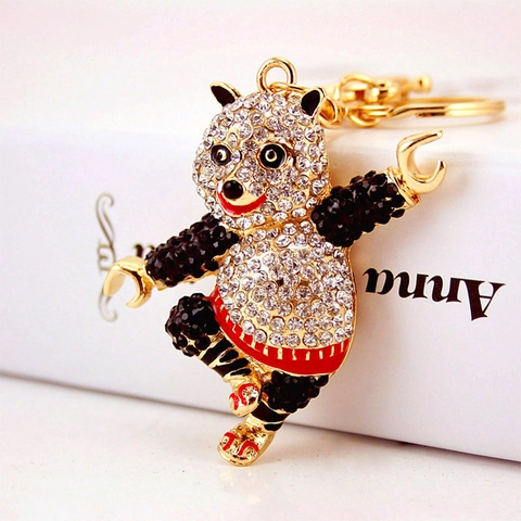 Cute Kung Fu Panda Keychain Crystal Rhinestone Inlaid Zinc Alloy Animal Car Key Ring Bag Pendant Decoration Gift For Women Men