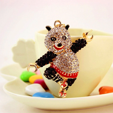 Cute Kung Fu Panda Keychain Crystal Rhinestone Inlaid Zinc Alloy Animal Car Key Ring Bag Pendant Decoration Gift For Women Men
