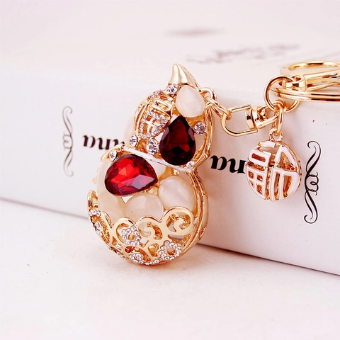 Chinese Style Gourd Keychain Zinc Alloy Hollow Fu Character Rhinestone Artificial Cat's Eye Stone Bag Hanging For Women