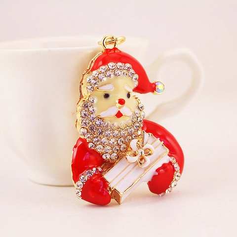 Cute Cartoon Santa Claus Keychain Zinc Alloy Rhinestone Enamel Christmas Bag Charm Pendant Fashion Jewelry Gift For Women
