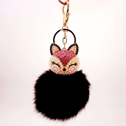 Exquisite Fox Head Pom-pom Keychain Zinc Alloy Rhinestone Artificial Pearl Faux Fur Bag Pendant Fashion Accessories Women Gift