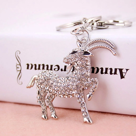 Cute Twelve Zodiac Goat Rhinestone Keychain Metal Zinc Alloy Animal Bag Pendant Key Ring Accessories For Women Gift