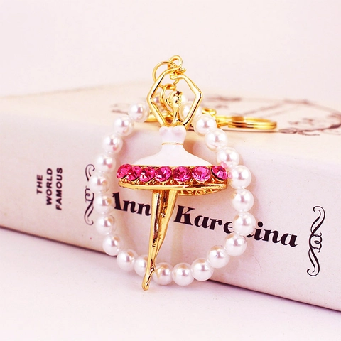Portachiavi Ragazza Ballerina Carino Lega di Zinco Strass Perla Artificiale Ciondolo Borsa Anello Auto Regalo Gioielli