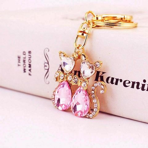 Exquisite Double Cat Keychain With Pink Water Drop Crystal Heart Shape Rhinestone Zinc Alloy Bag Charm For Women Gift