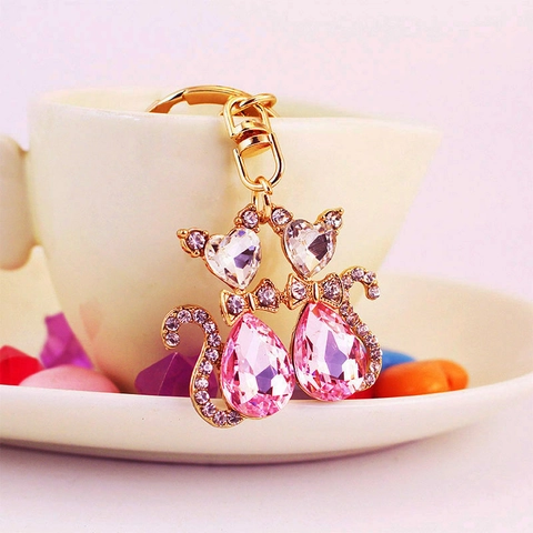 Exquisite Double Cat Keychain With Pink Water Drop Crystal Heart Shape Rhinestone Zinc Alloy Bag Charm For Women Gift