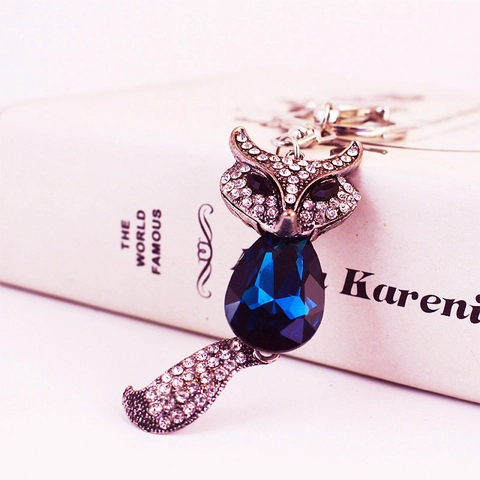 Cute Crystal Fox Keychain Vintage Alloy Rhinestone Animal Bag Charm For Women Blue Water Drop Gem Metal Keyring Gift