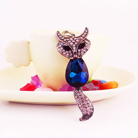 Cute Crystal Fox Keychain Vintage Alloy Rhinestone Animal Bag Charm For Women Blue Water Drop Gem Metal Keyring Gift