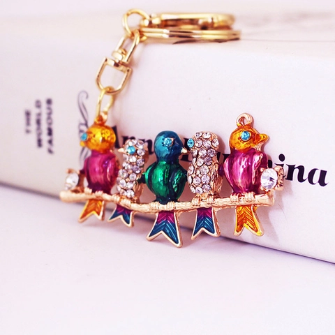 Happy Bird Zinc Alloy Rhinestone Keychain Colorful Five Birds On Branch Enamel Bag Charm Jewelry For Women Gift Accessory
