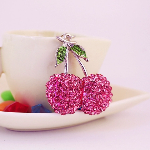 Luxe Strass Kers Sleutelhanger Voor Vrouwen Glinsterende Kristallen Fruit Tas Bedeltje Mode Metalen Sleutelring Auto Accessoire