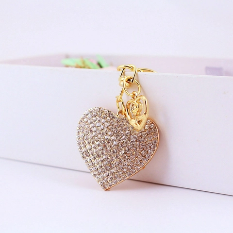 Portachiavi a Forma di Cuore con Strass Scintillanti con Ciondolo a Rosa Cavo Portachiavi in Lega di Zinco Dorata per Donna