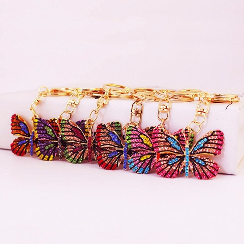 Butterfly Rhinestone Keychain Colorful Zinc Alloy Crystal Bag Pendant For Women Girls Cute Key Ring Accessory Gift