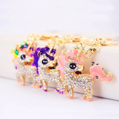 Lindo Llavero de Unicornio de Aleación de Zinc con Diamantes de Imitación Esmalte Colorido Colgante de Animal para Mujer Niñas