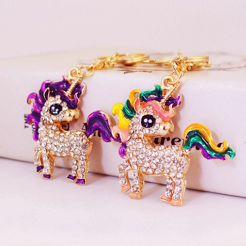 Portachiavi con Unicorno in Cristallo Lega di Zinco Strass Smalto Pendente Animale Colorato Anello per Donna Ragazza Borsa Regalo