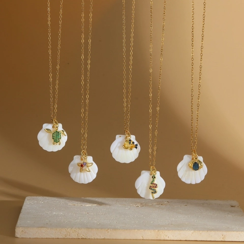Mode Oceaan Zeewezen Schelp Hanger Halsketting Koper Zirconia Zeeschildpad Zeester Slang Krab Goud Sieraden Voor Vrouwen