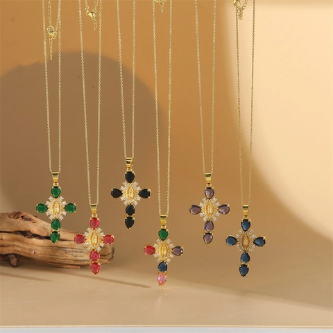 Collar Con Colgante de Cruz de La Virgen María de Cobre Chapado en Oro Vintage Joyería Religiosa Para Mujer Regalo