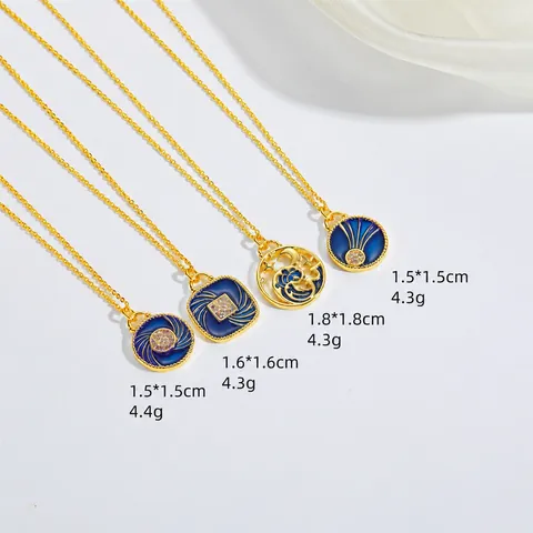 Vintage Kupfer Königsblau Emaille Anhänger Halskette Gold Überzogener Sternenhimmel Stern Mond Strass Geometrischer Choker Damen Schmuck
