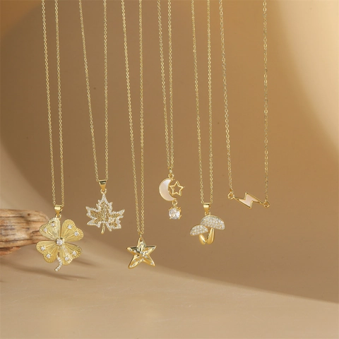 14K Gold Plated Copper Pendant Necklace For Women Micro Inlaid Zircon Shell Clover Maple Leaf Star Moon Mushroom Jewelry