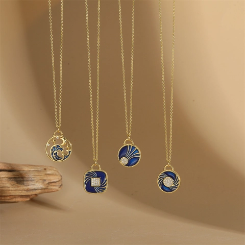 Vintage Kupfer Königsblau Emaille Anhänger Halskette Gold Überzogener Sternenhimmel Stern Mond Strass Geometrischer Choker Damen Schmuck