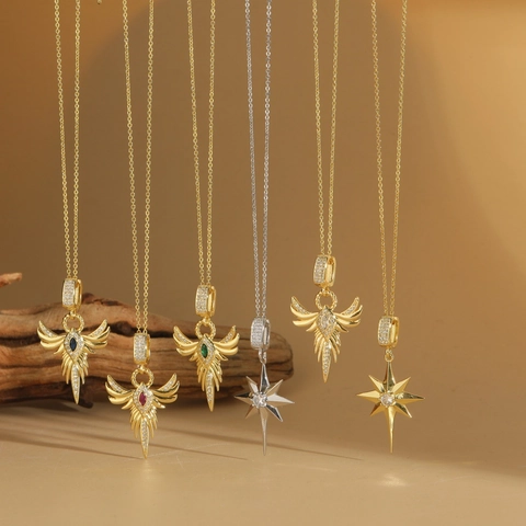 Collana con Pendente ad Ala di Fenice in Rame Vintage con Zirconia Ali d'Angelo Sacre Stella Polare Girocollo da Donna Gioielli