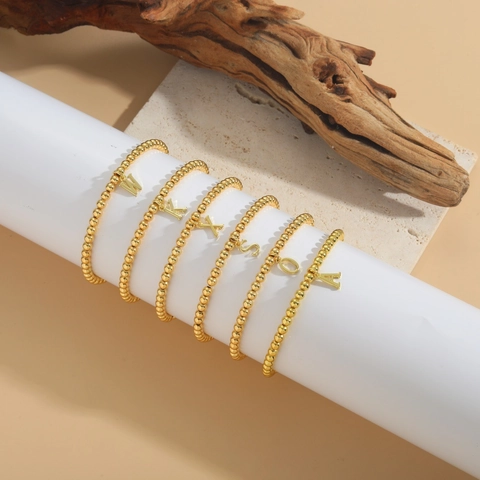 Minimalist Copper Gold Alphabet Bracelet Round Bead Elastic Jewelry Initial Letter Pendant Hand Chain For Couple Women Gift