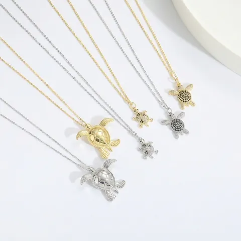 Cute Zirconia Sea Turtle Pendant Necklace Copper Gold Silver Plated Animal Tortoise Jewelry Gift For Women Daily Accessory