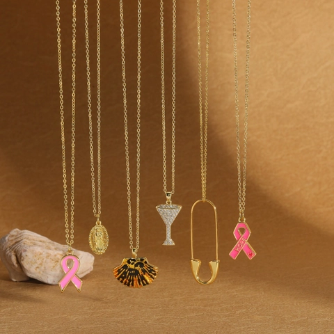 Fashion Copper Zirconia Pendant Necklace Pink Ribbon Hope Virgin Mary Martini Glass Safety Pin Necklaces For Women Jewelry