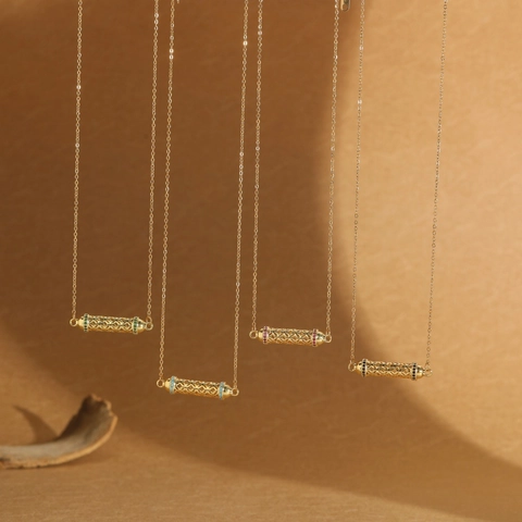 Vintage Hollow Copper Tube Pendant Necklace For Women Gold Plated Geometric Cylindrical Zircon Jewelry For Daily Party
