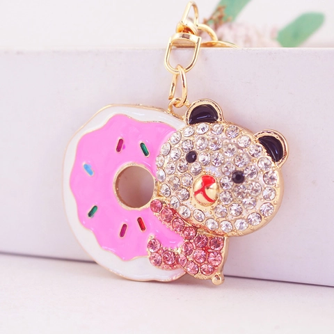 Cartoon Bear Hugging Donut Rhinestone Keychain Zinc Alloy Enamel Bag Charm Car Keyring Jewelry Gift For Women Girls