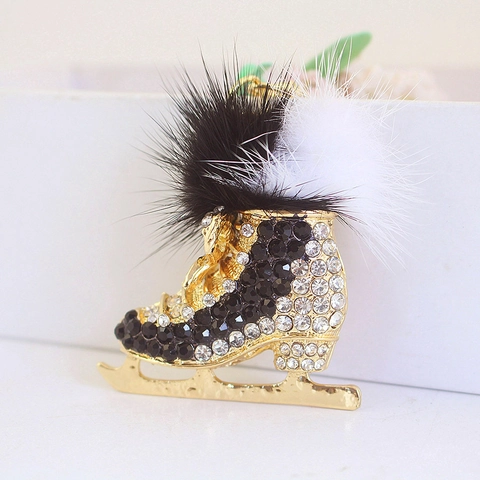 Portachiavi a Forma di Pattini a Rotelle Creativo Carino Con Strass e Palla di Pelliccia Sintetica Lega di Zinco per Donna