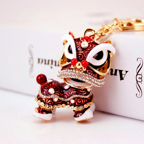 Llavero de Danza del León Tradicional Chino Aleación de Zinc Esmalte Strass Perla Artificial León de la Suerte Anillo de Llave Colgante de Bolsa Regalo Cultural