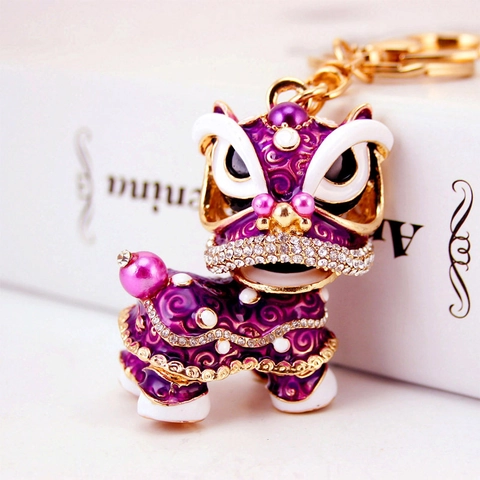 Llavero de Danza del León Tradicional Chino Aleación de Zinc Esmalte Strass Perla Artificial León de la Suerte Anillo de Llave Colgante de Bolsa Regalo Cultural