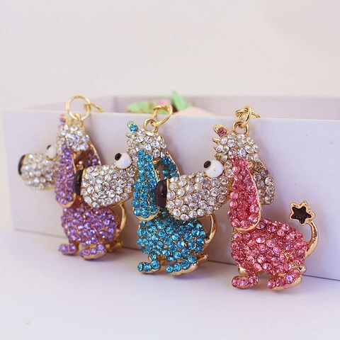 Portachiavi Creativo Carino Cucciolo di Cartone Animato Strass Lega di Zinco Color Oro Ciondolo per Borsa Donna Regalo
