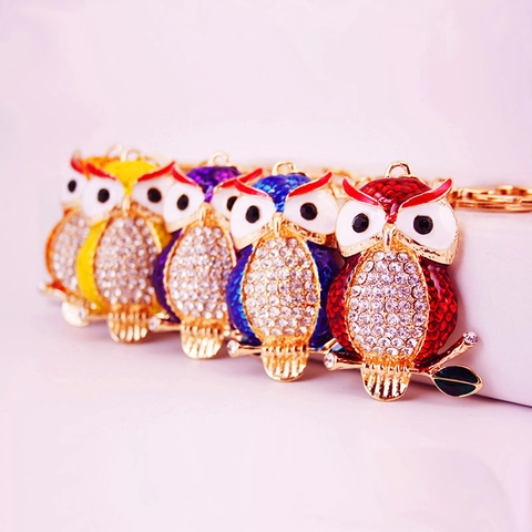 Cute Zinc Alloy Rhinestone Owl Keychain With Enamel Colorful Animal Bag Charm Keyring For Women Jewelry Decoration Gift
