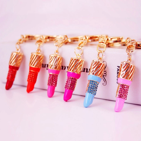 Creative Lipstick Shape Rhinestone Keychain Zinc Alloy Enamel Lip Balm Pendant Fashion Keyring For Women Bag Charm Accessory