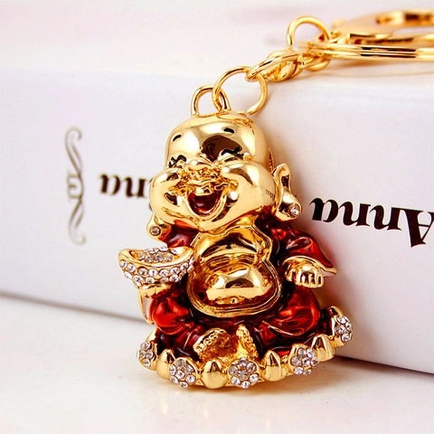 Portachiavi in Stile Cinese Buddha Maitreya Strass Smalto Ciondolo Borsa Buddha Ridente Oro Rosso Lega di Zinco Regalo