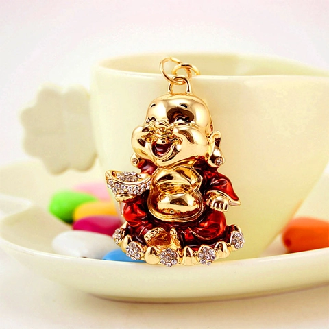 Portachiavi in Stile Cinese Buddha Maitreya Strass Smalto Ciondolo Borsa Buddha Ridente Oro Rosso Lega di Zinco Regalo