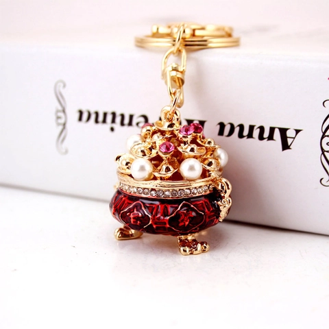 Lussuoso Portachiavi Ciotola Del Tesoro Con Strass E Künstliche Perle Smalto Lega Stile Cinese Tradizionale Decorazione Appendere Borsa
