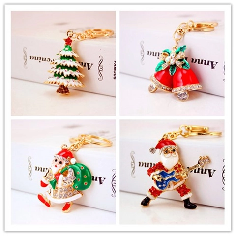 Llavero de Navidad de Aleación de Zinc Festivo con Diamantes de Imitación y Esmalte Papá Noel Árbol Campana Muñeco de Nieve Colgante de Bolso Regalo